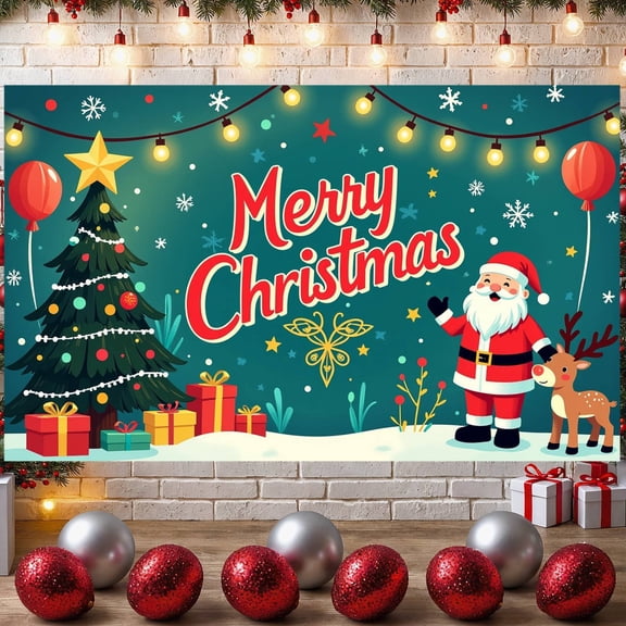 Christmas Tree Christmas Banner Santa Claus Xmas Display Reindeer Red Balloons Holiday Backdrop for Christmas Party Indoor Celebration Photo Shoot