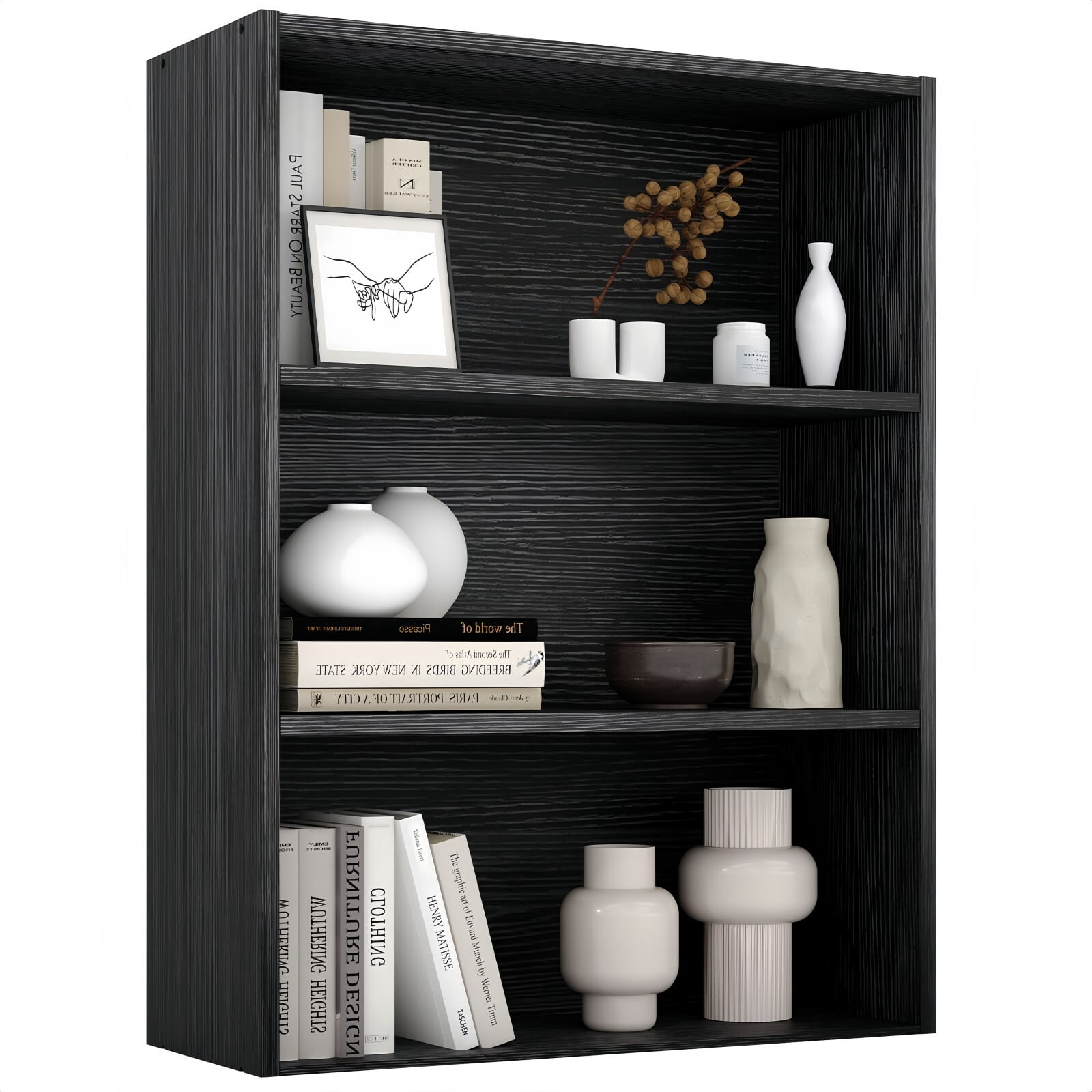 Kelno 3 Tier Vintage Bookshelf 31.5" Freestanding Wood Bookcase with Adjustable Shelf Anti-Tip Kit, Black