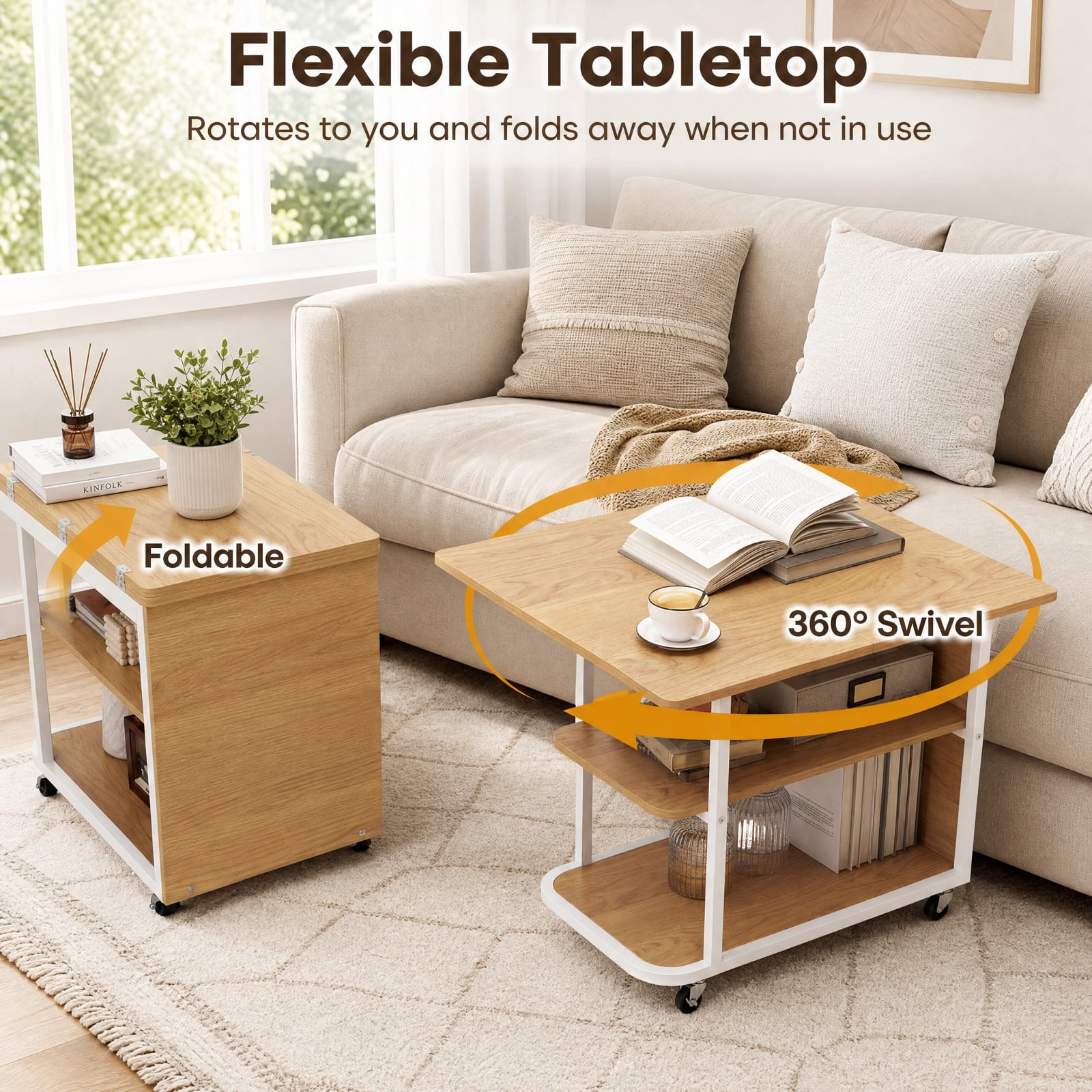 Furnibear Mobile Nightstand with Foldable Swivel Top and 2 Tier Shelf Rolling Bedside Table for Small Spaces Bedroom, Natural