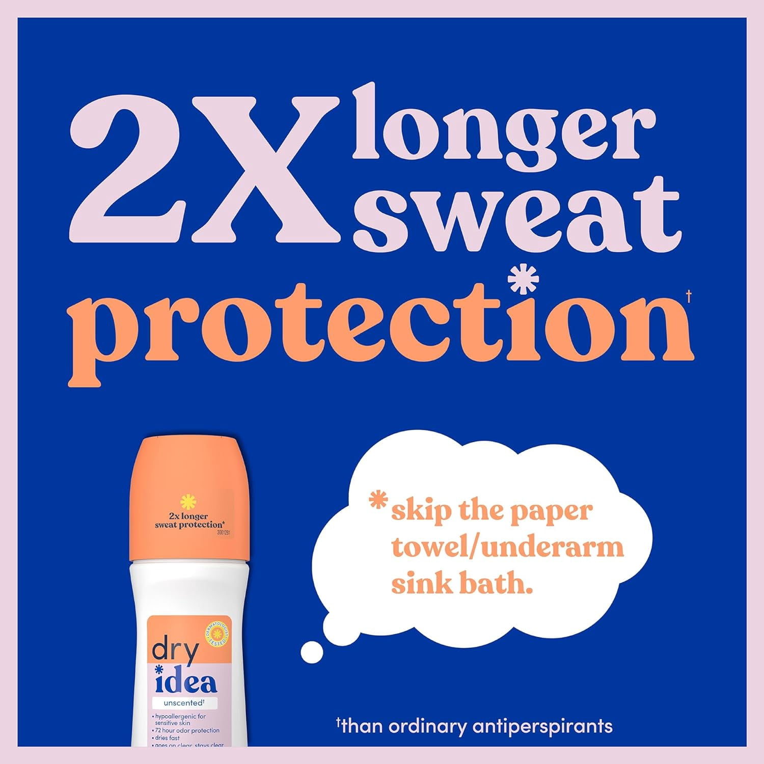 Dry Idea Roll-On Deodorant & Antiperspirant | 2X Longer Sweat Protection | 72-Hour Odor Protection | Unscented & Hypoallergenic for Sensitive Skin, 3.25 oz