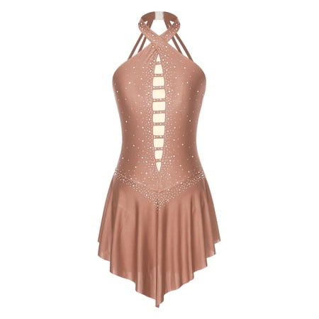 Eandarui Womens Sparkly Rhinestones Lyrical Dance Costume Sleeveless Halter Neck Figure Ice Skating Dusty Pink M