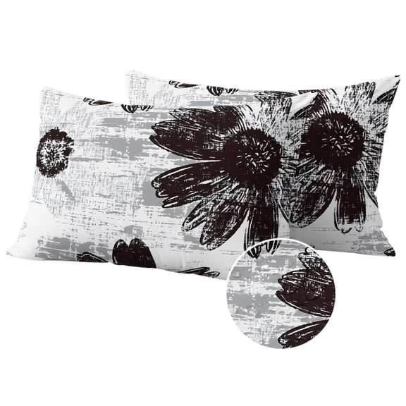 Black White Spring Floral Outdoor Pillow Covers 20x12 Set of 2,Waterproof Patio Throw Pillowcase Protectors,Summer Flowers Botanical Lumbar Decorative Pillow Shams Cushion Covers for Seat Bed Couch