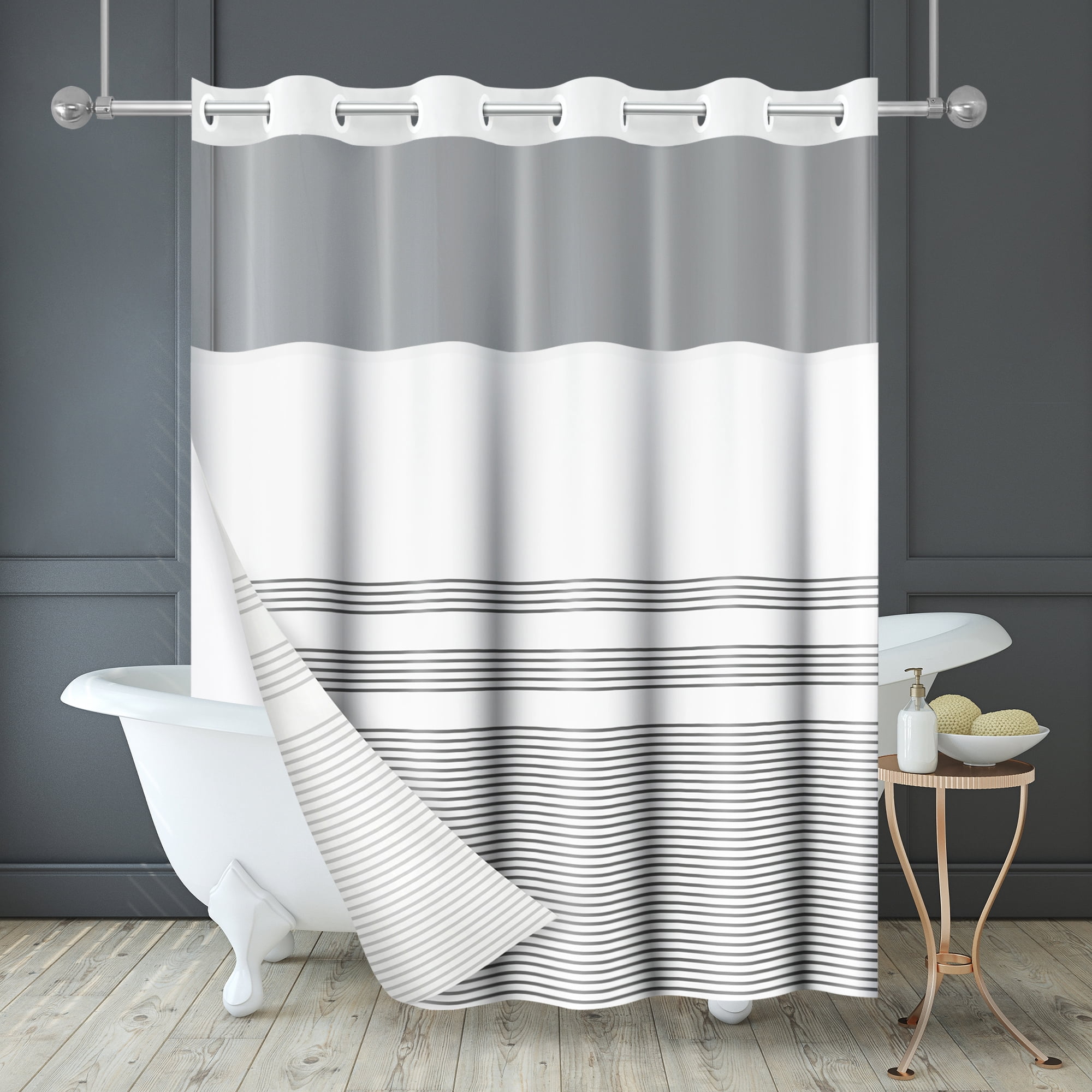 Americanflat 72x75 Hookless Shower Curtain - Grey Lines Shower Curtain with Sheer Panel, Snap-In Liner, and Grommets - 100% Polyester
