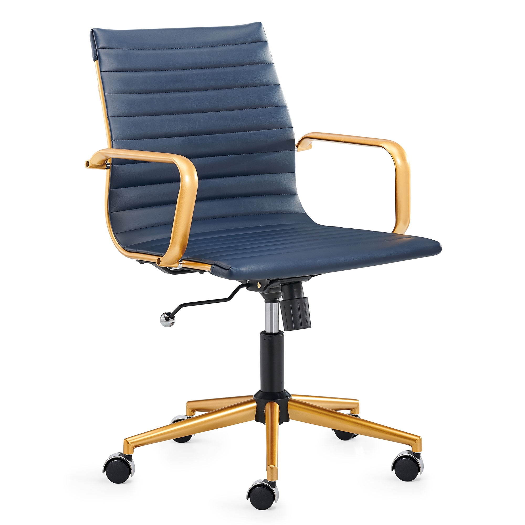 LUXMOD® Mid Back Gold Office Chair in Blue Leather, Adjustable Swivel Chair in Durable Vegan Leather, Ergonomic Desk Chair for Extra Back & Lumbar Support, Modern Executive Chair