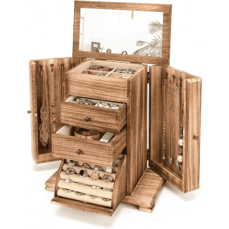 Sfugno 4-Tier Wooden Jewelry Box Organizer with Mirror