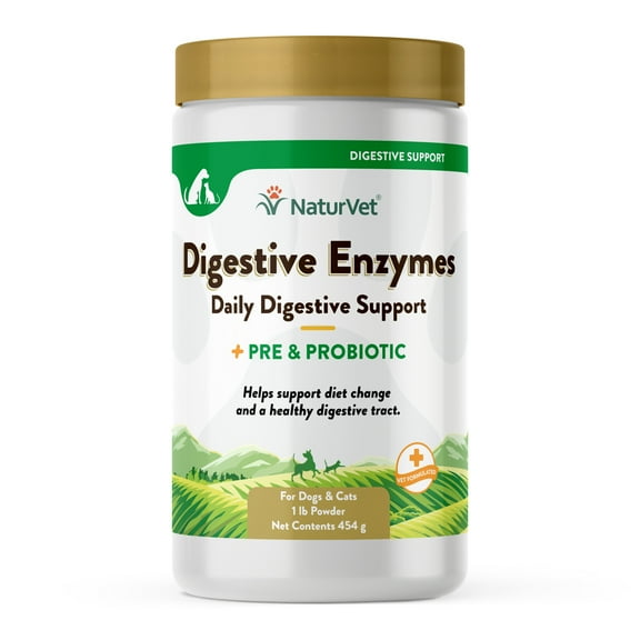 NaturVet Digestive Enzymes Plus Probiotics Powder Supplement for Dogs and Cats, 1 lb.