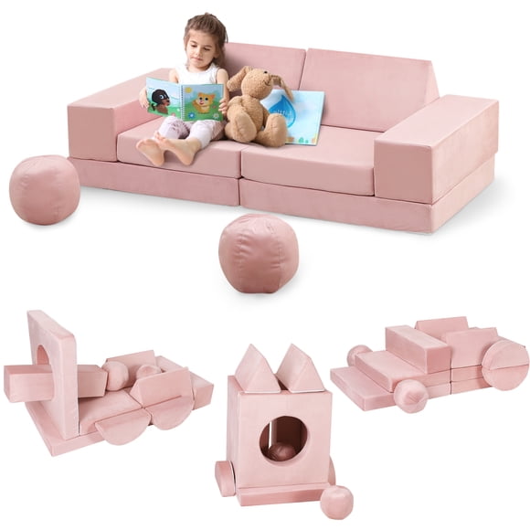 Sofá modular infantil 12 piezas para niños – Convertible y plegable, espuma suave, incluye 2 pelotas y túnel, funda de terciopelo lavable, ideal para sala de juegos o dormitorio - Color rosa
