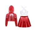 thumbnail image 4 of Hansber Kids Girls Hip Hop Dance Outfit Shiny Metallic Cropped Hoodie Sweatshirt Sports Bra and Skirt Set Red White 12, 4 of 7