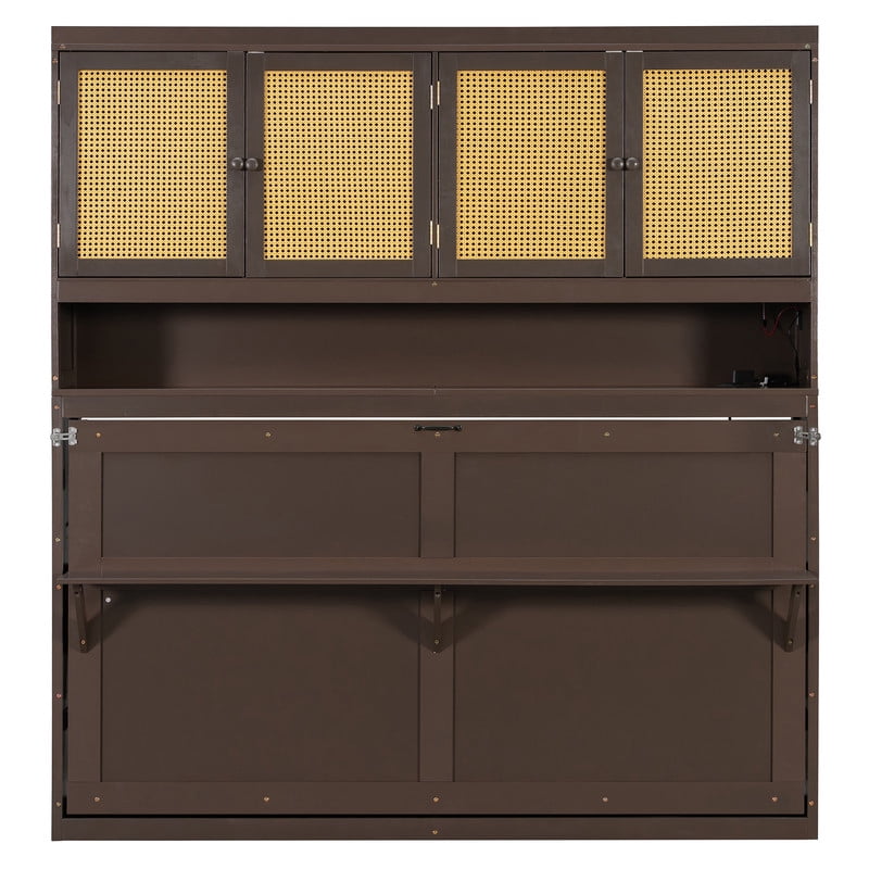 Twin Size Storage Murphy Bed with Cabinets w/ Rattan Door, Foldable Platform Bed Frame with Built-in Light & Charge Station