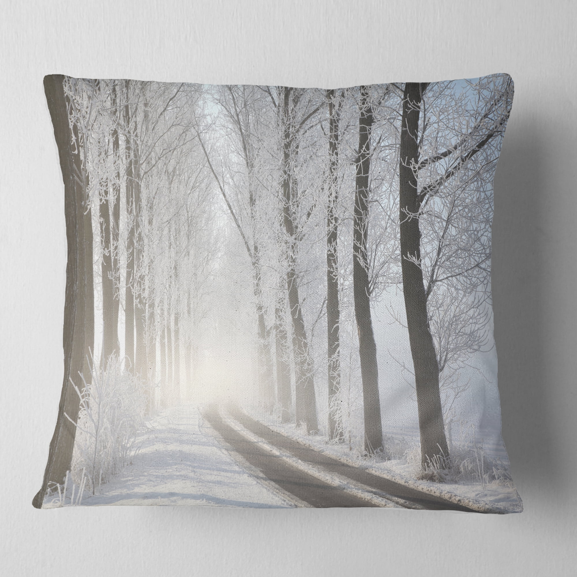 Designart Winter Lane in Foggy Morning - Landscape Photo Throw Pillow - 18x18