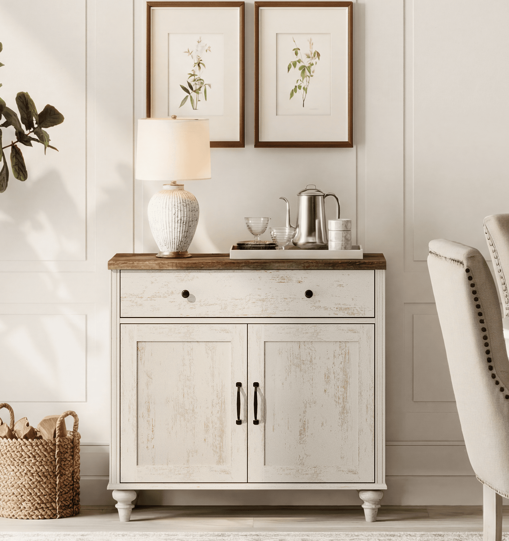 WAMPAT Farmhouse Rustic White TV Stand for 43 inch TV with 2 Doors and Wooden Drawer, Vintage Universal TV Stands with Storage Cabinets, Entertainment Center TV Console Table for Living Room, Bedroom