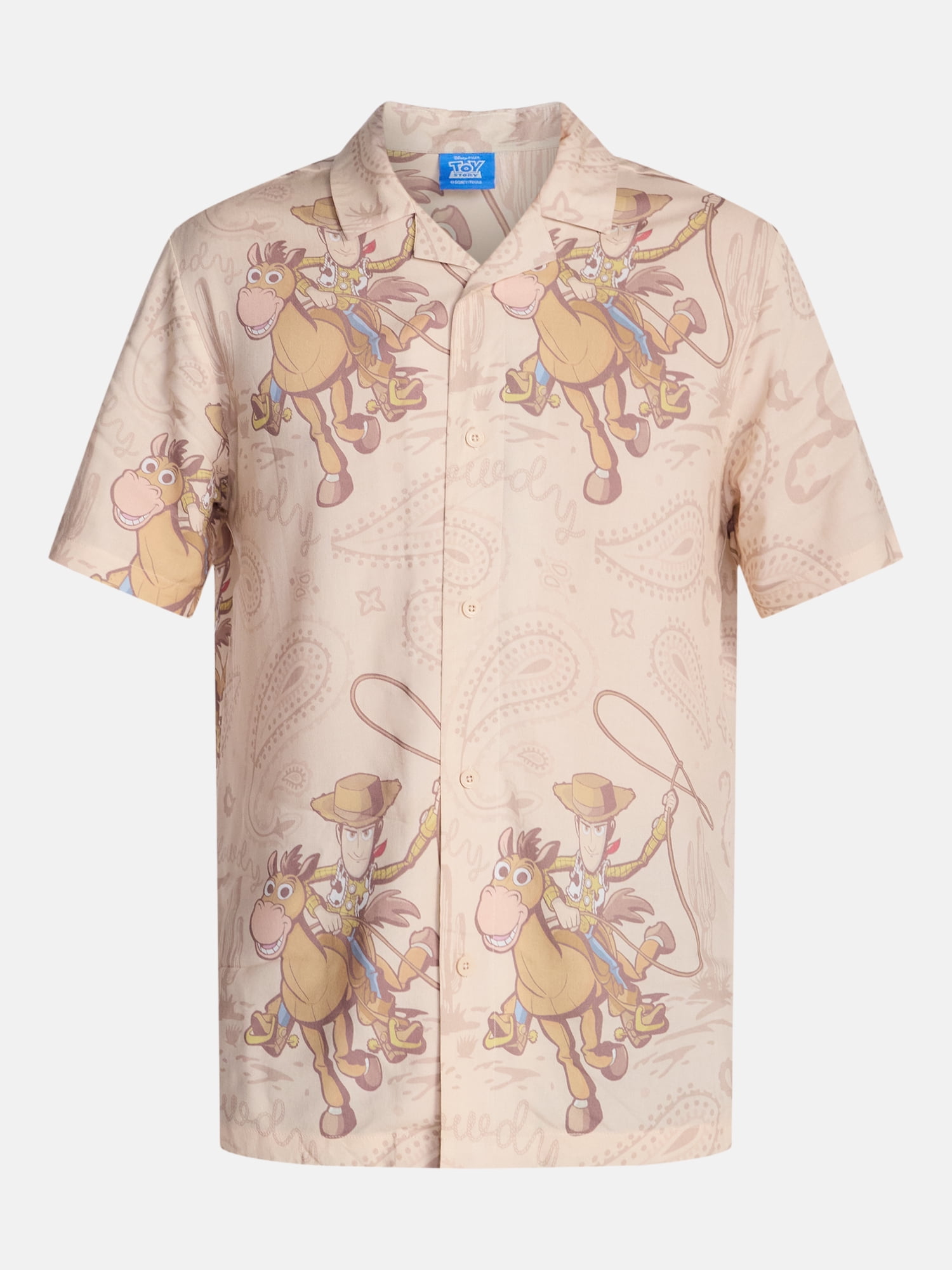 Disney Pixar Toy Story TS5 Men's and Big Men's Graphic Rayon Button Up Shirt, Woody and Bullseye, Sizes XS-5XL