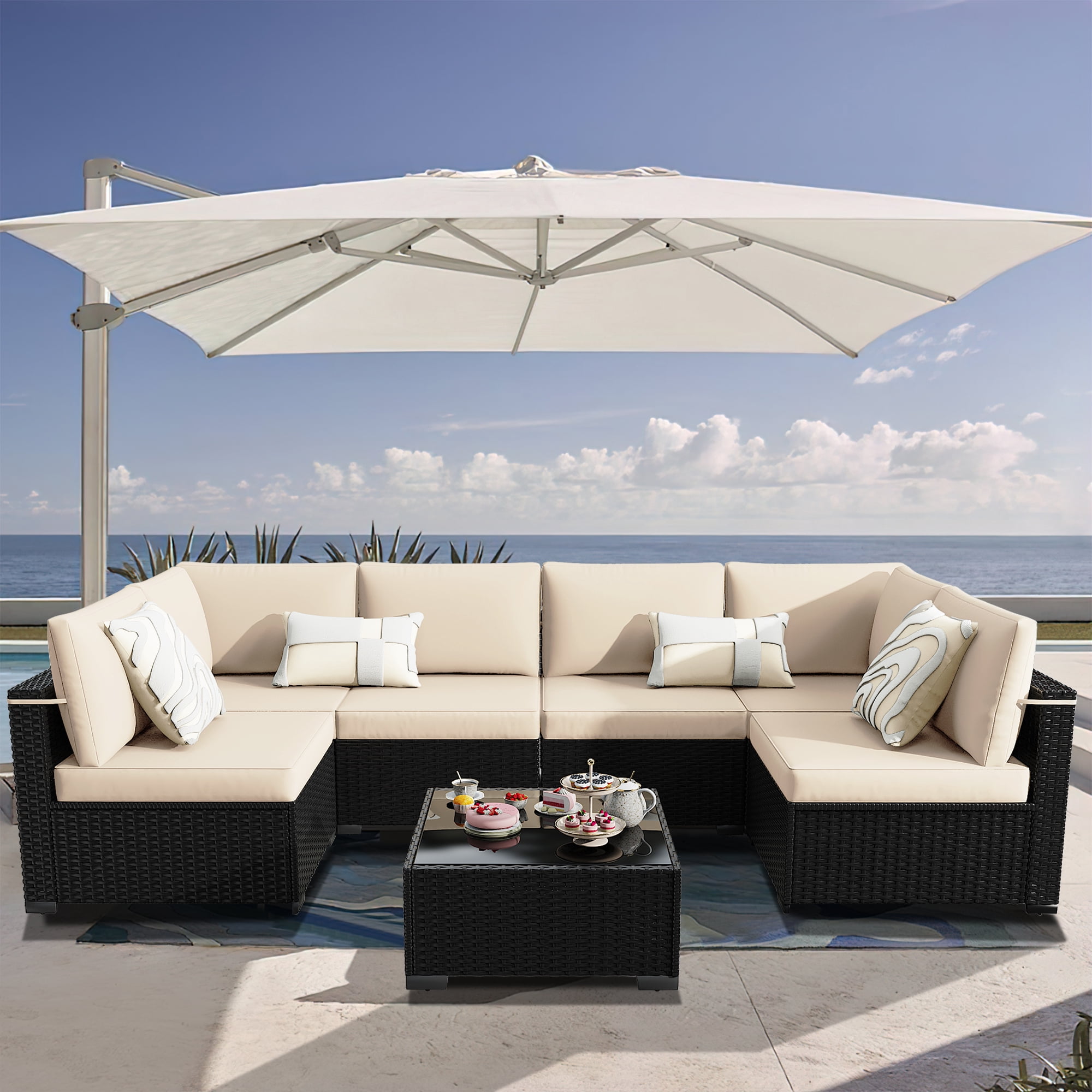 KIGOTY 7 Piece Outdoor Patio Furniture, Wicker Rattan Outdoor Conversation Set Sectional Sofas for Backyard, Garden, Black-White