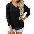 thumbnail image 1 of Women Waffle Batwing Long Sleeve V Neck Knit Basic Plain Shirt, 1 of 7