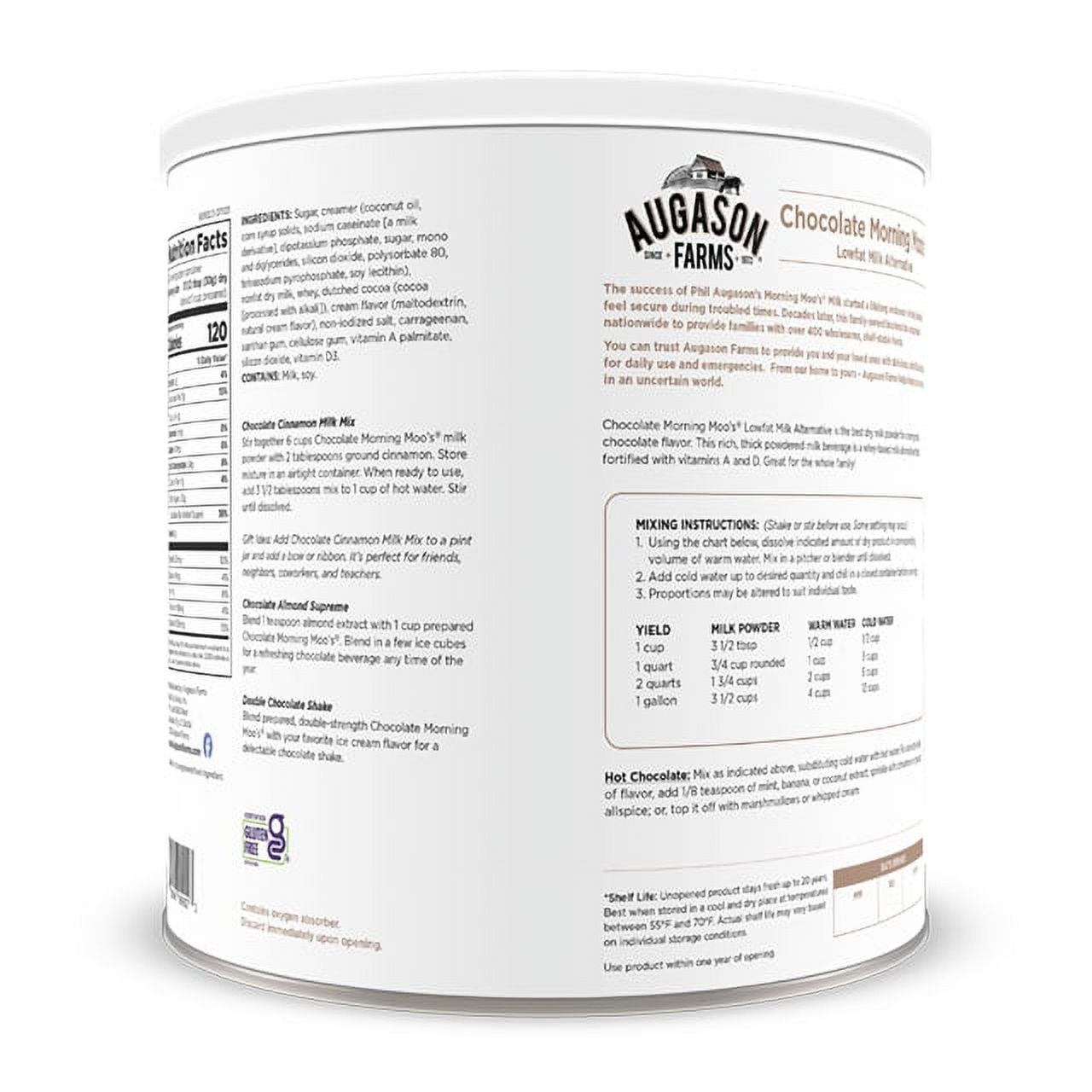 Chocolate Morning Moo's Lowfat Milk Alternative Powder, 67 Servings, 20 Year Shelf Life, Gluten Free - Canned Vitamin-Fortified Lowfat Whey-Based Chocolate Milk Powder, Emergency Food Supplies