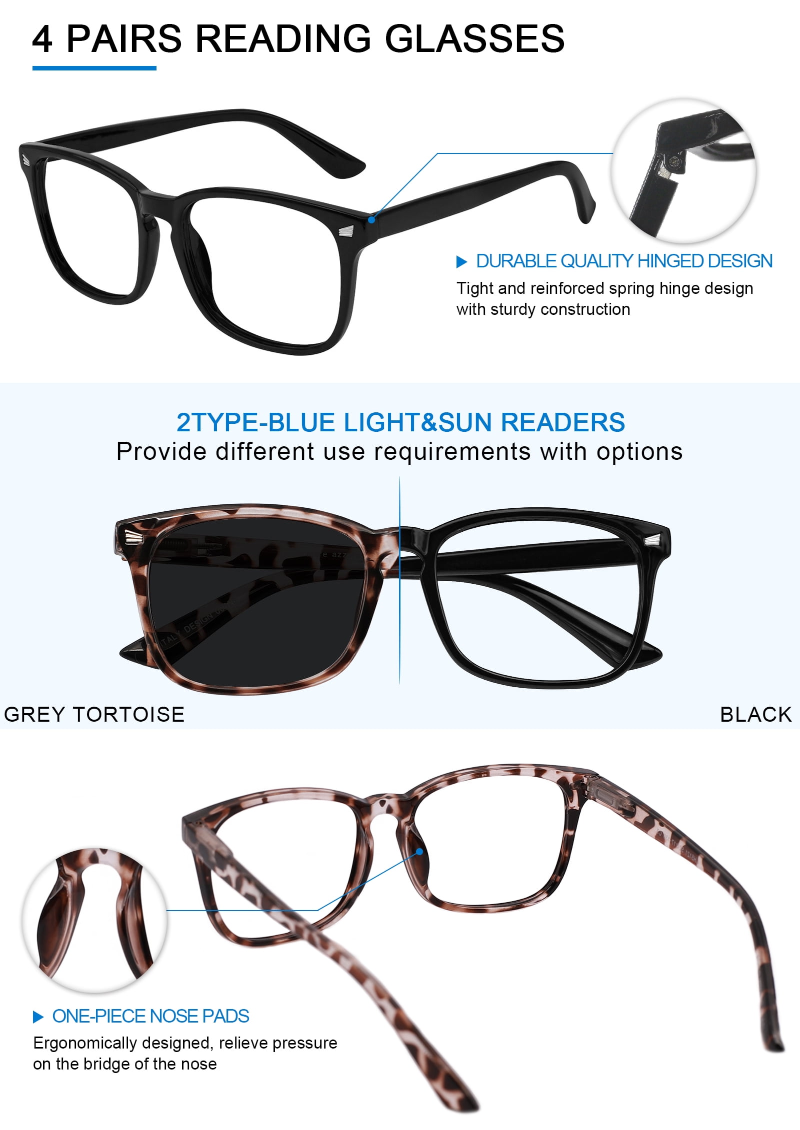 WEMOOTANTS 1 Pair of Big Reading Sunglasses for Women 3 Packs Blue Light Blocking Readers 1.00 1.25 1.50 1.75 2.00 2.25 2.50 2.75 3.00 3.50 4.00 (225)
