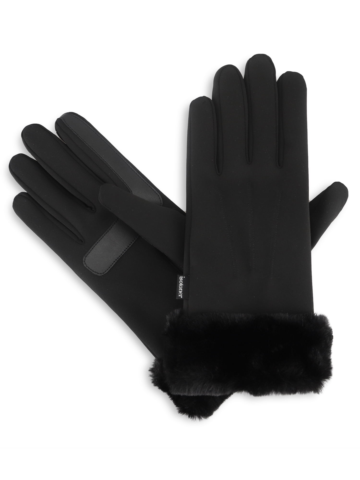 Isotoner Women's Ultraplush Spandex Gloves with Faux Fur Cuff, Black, L/XL