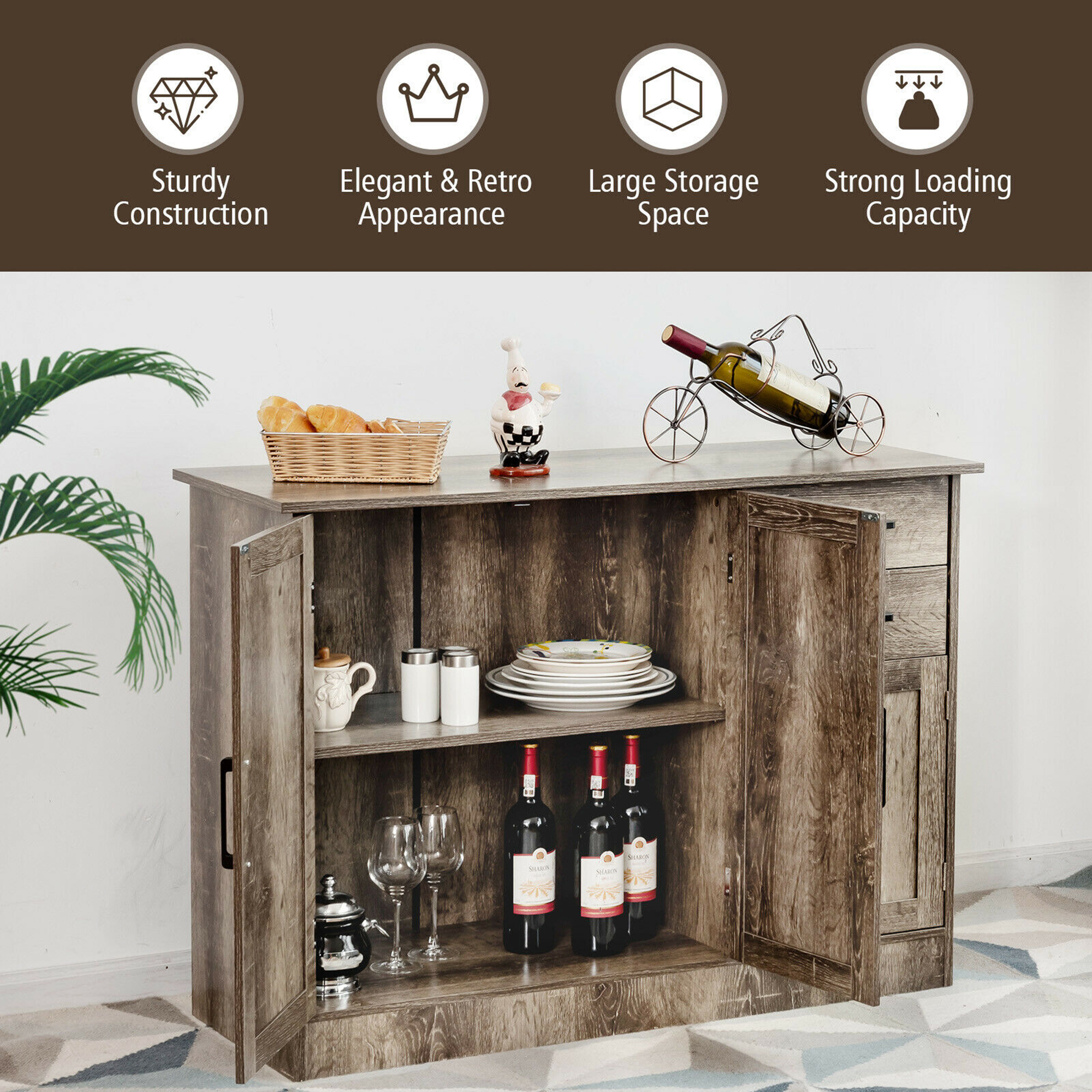 Gymax Console Table Kitchen Sideboard Drawer Buffet Storage Cabinet Natural