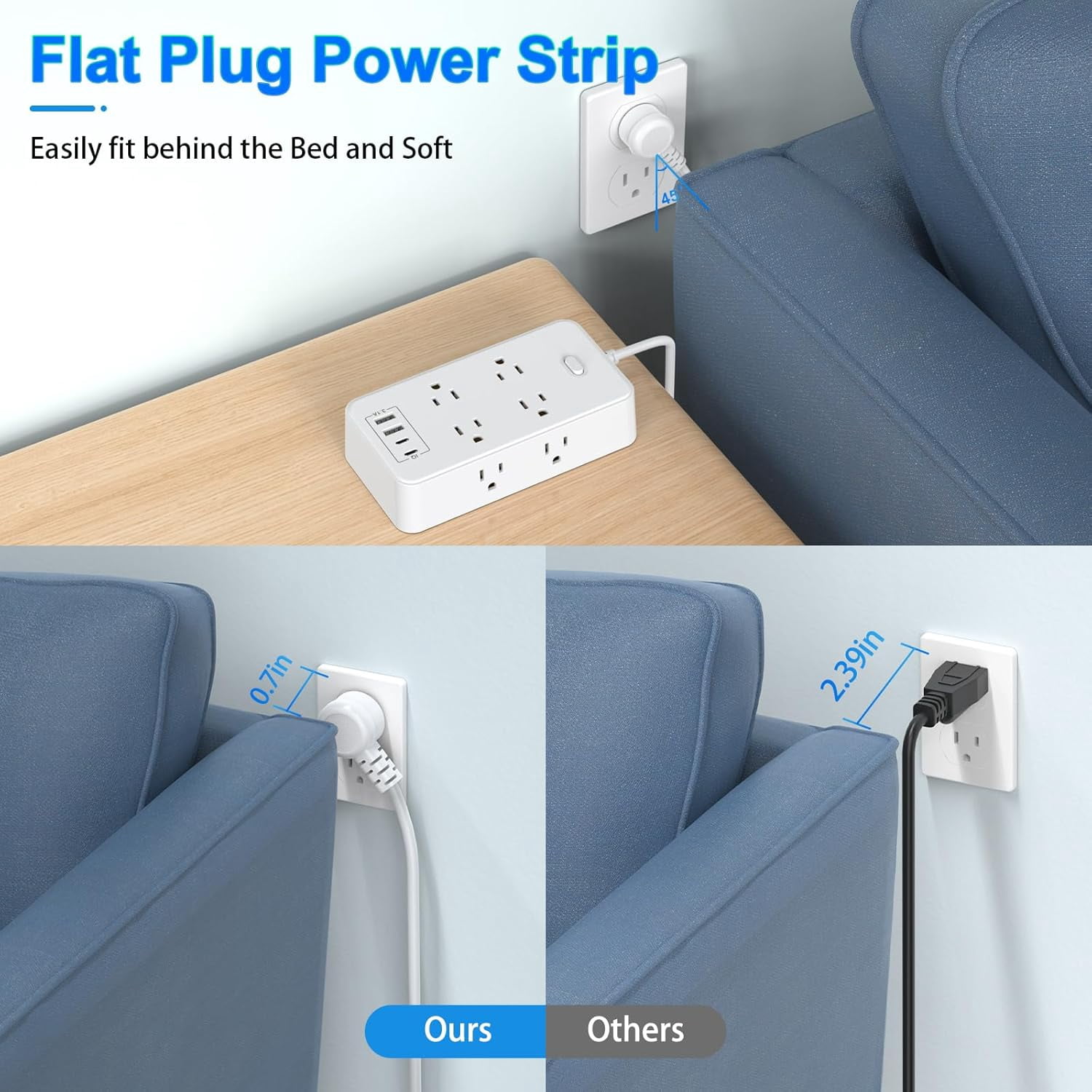 45° Flat Plug Power Strip with USB C, 6FT Extension Cord, 8 Outlets and 4 USB Ports (2 USB C 2 USB A), Multi Plug Outlet Extender with Surge Protection for Home Office Dorm - White