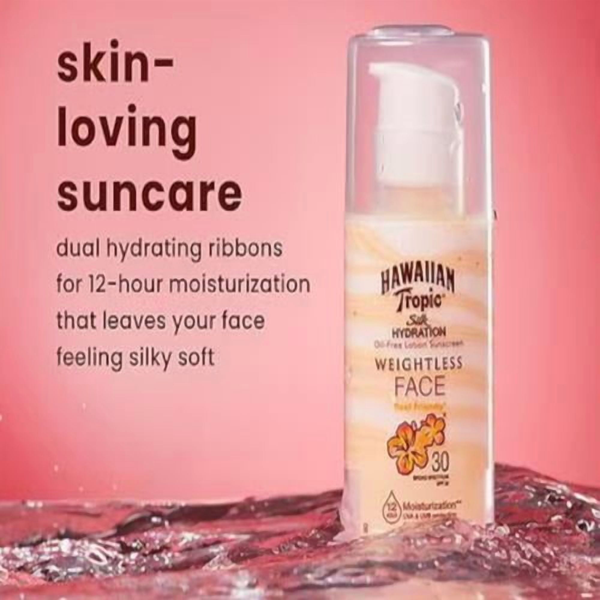 Hawaiian Tropic Weightless Hydration Face Sunscreen Lotion SPF 30, Oil-Free, 1.7 fl oz (Pack of 2)