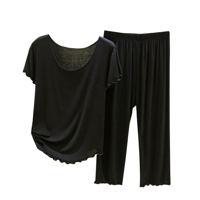 Timegard Ensembles de Pyjamas pour Femmes Été Col Rond Manches Courtes Haut Pantalon à Jambe Grand Loungewear Doux Tenues Décontractées de Pjs