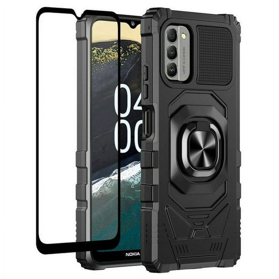 SPY Case for Nokia C110 Case with Tempered Glass Screen Protector Ring Kickstand Car Mount Shockproof Hard Phone Case Cover - Black