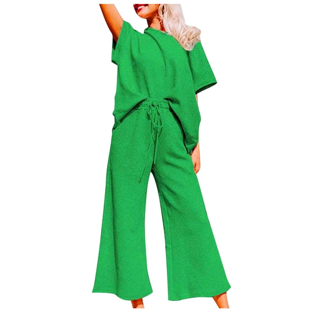 Besolor Women's Two Piece Knit Outfits Crew Neck Short Sleeve Tops and Drawstring Wide Leg Pants Lounge Set Sweatsuit