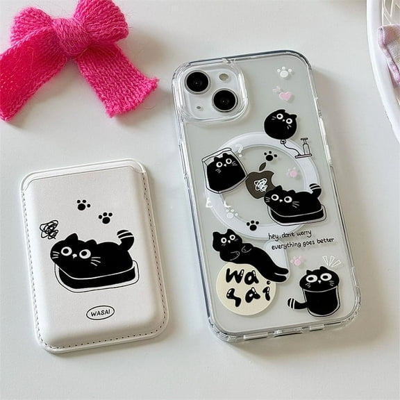 Korean Cute Black Cat Kitten For Magsafe Wireless Charge Clear Case For iPhone 15 14 12 13 11 Pro Max Magnetic Wallet Soft Cover