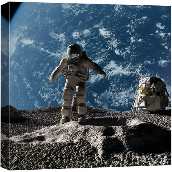 wall26 Canvas Print Wall Art Astronaut on The Moon Looks at Planet Earth Astronomy & Space Sky Digital Art Modern Art Global Scenic Colorful Multicolor for Living Room, Bedroom, Office - 12"