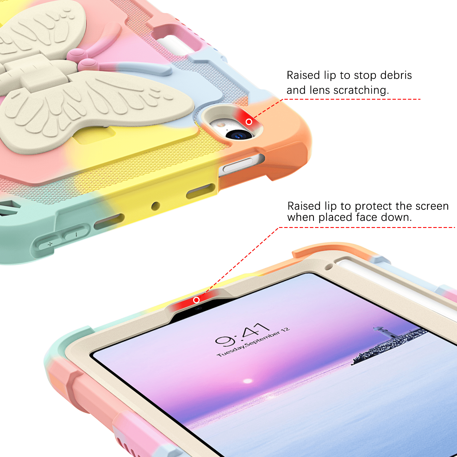 iPad mini 7 Case / iPad mini 6 Case (2024/2021) 8.3 inch - DOMAVER Shockproof Protective Cover with Butterfly Wings Kickstand, Apple Pencil Holder, Kids Friendly Drop-Proof Design - Rainbow Pink