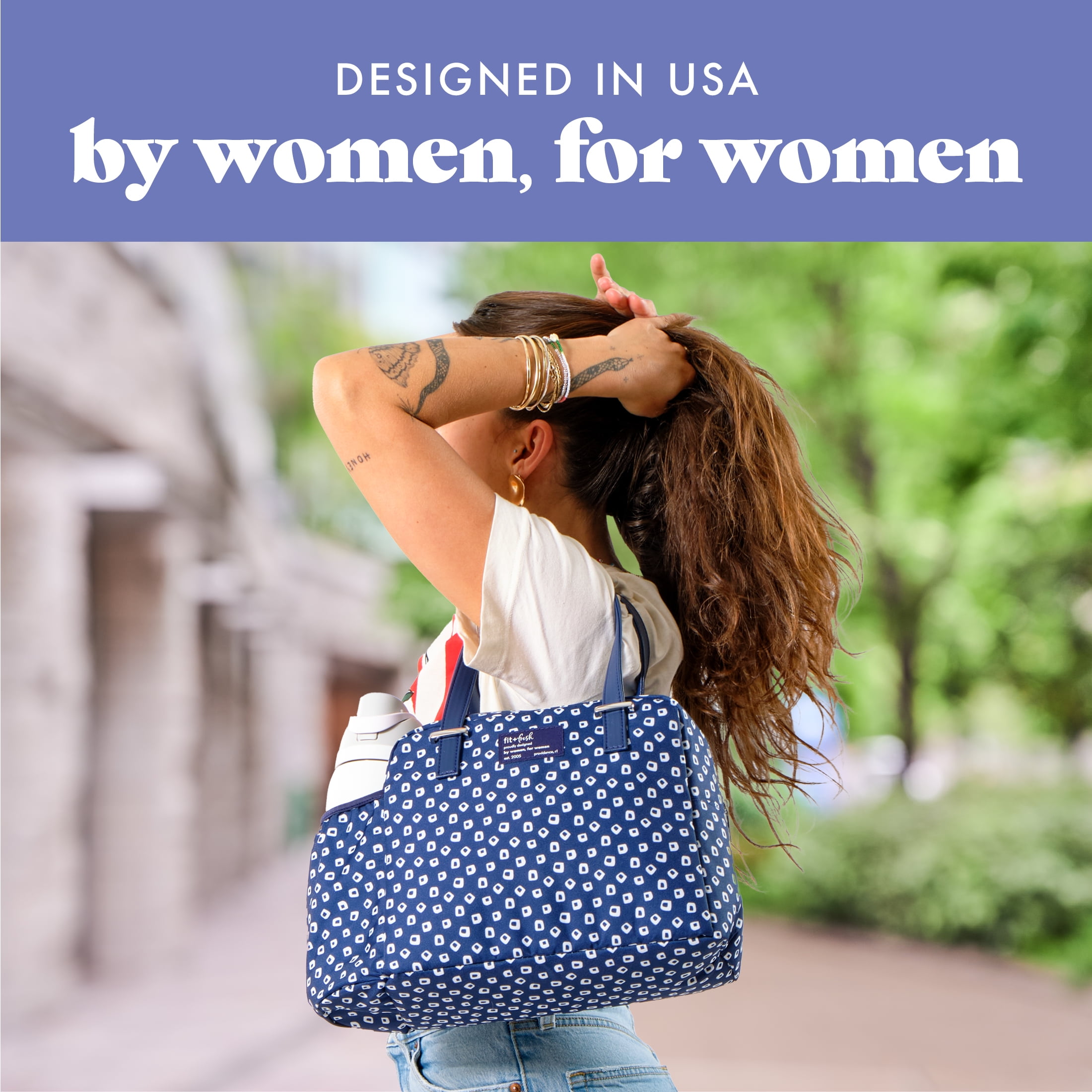 Fit & Fresh Laketown Women's Lunch Bag, Large Insulated Tote Bag, Includes 2 BPA free Containers and 1 XL Slim Ice, Navy Dot