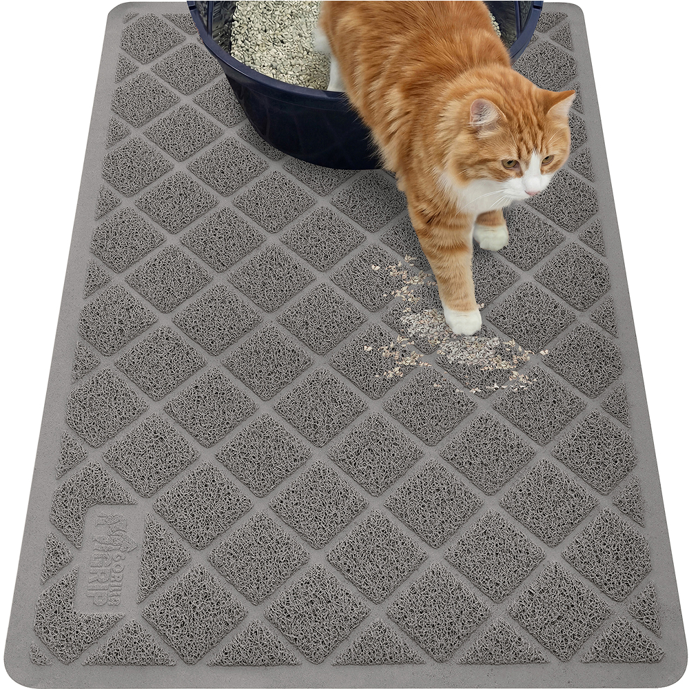 GORILLA GRIP Cat Litter Box Mat, 35x23, Water Resistant Kitty Litter Trapping Mat, Textured Backing, Easy to Clean, Less Waste and Clean Floors, Kitten Supplies for Indoor Cats, Soft on Paws, Gray