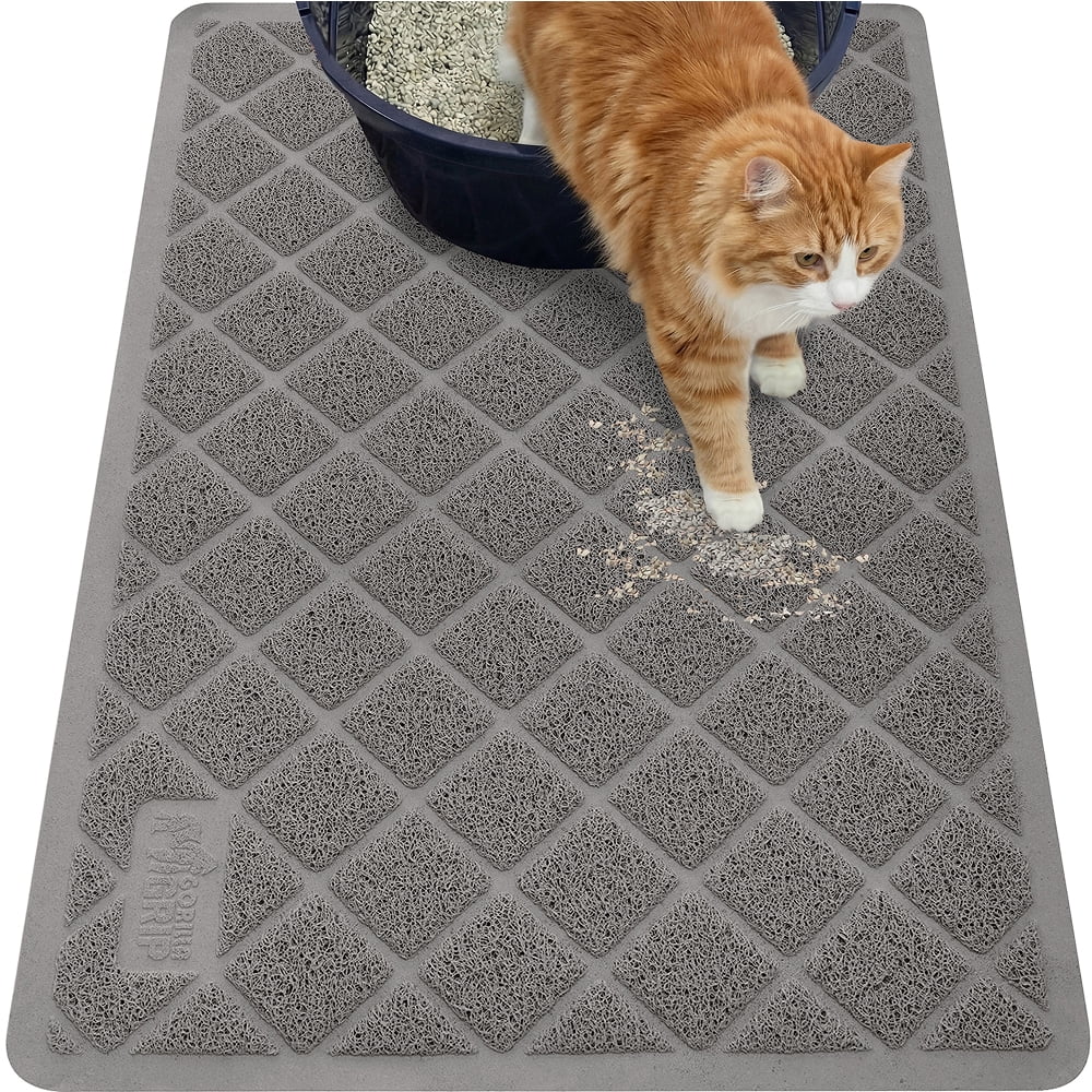 GORILLA GRIP Cat Litter Box Mat, 35x23, Water Resistant Kitty Litter Trapping Mat, Textured Backing, Easy to Clean, Less Waste and Clean Floors, Kitten Supplies for Indoor Cats, Soft on Paws, Gray