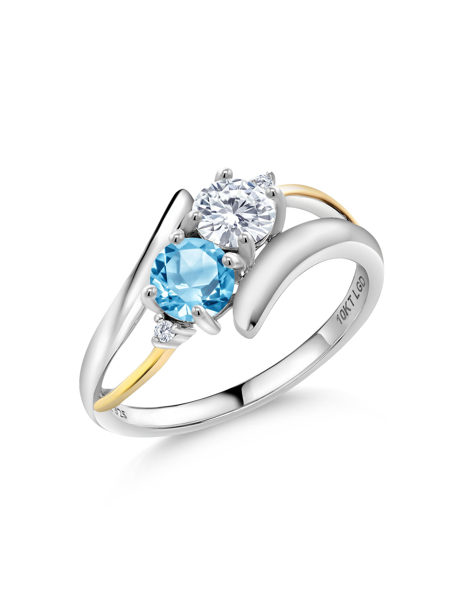 Gem Stone King - 1.17 Ct G/H Lab Grown Diamond Swiss Blue Topaz 925 Silver  and 10K Yellow Gold Lab Grown Diamond Two Stone Crossover Ring - 