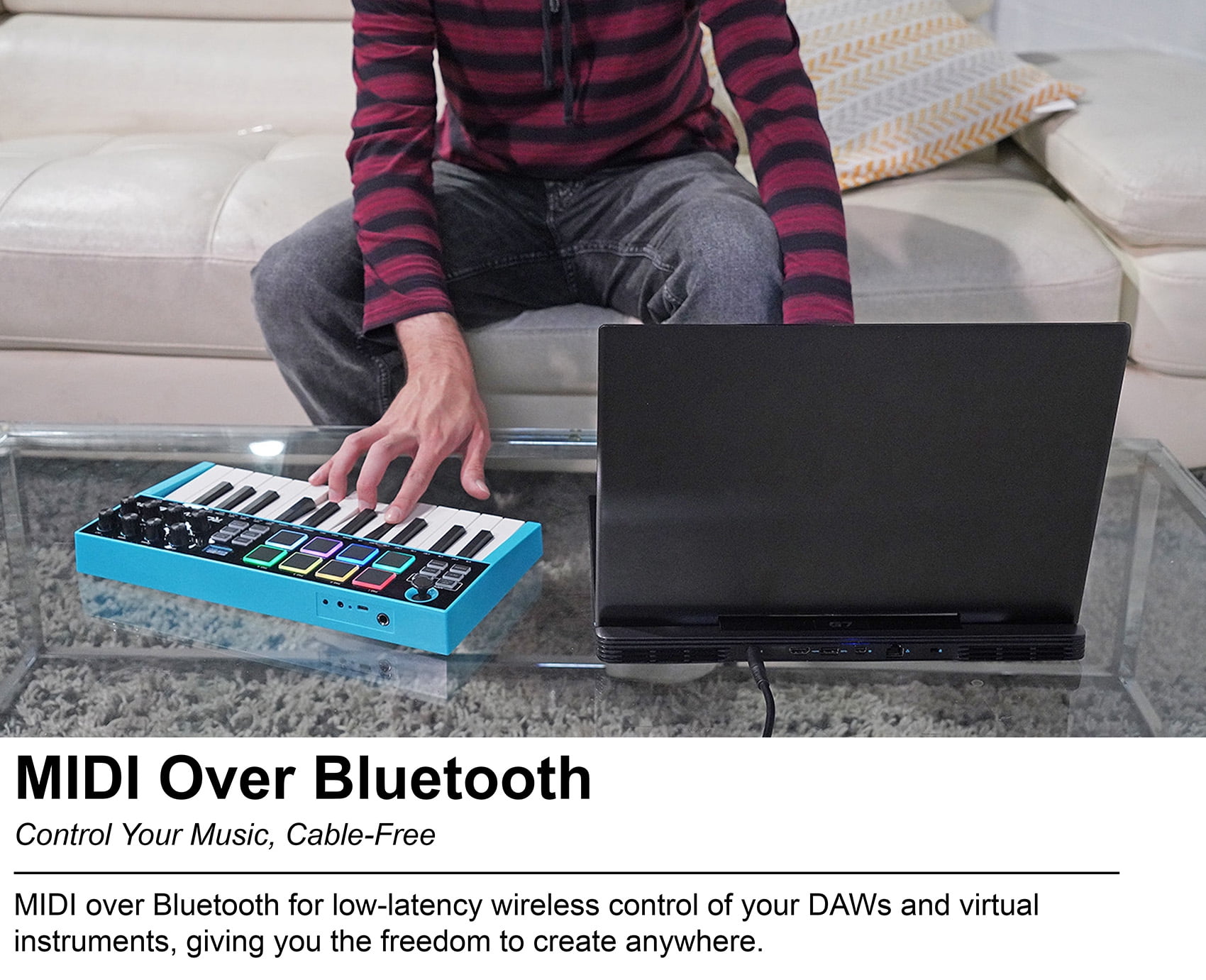 Rockville M25 25 Key USB Wireless MIDI Keyboard Controller With Bluetooth+8 Pads