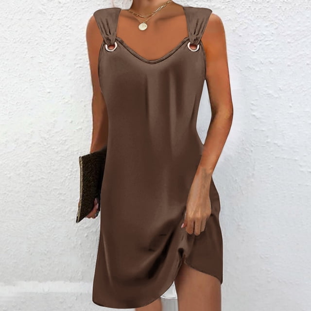 Fankiway Robe à Bretelles Sans Manches Imprimée Col Rond Décontractée Robes de Plage Grande Taille Robes de Plage pour Femmes