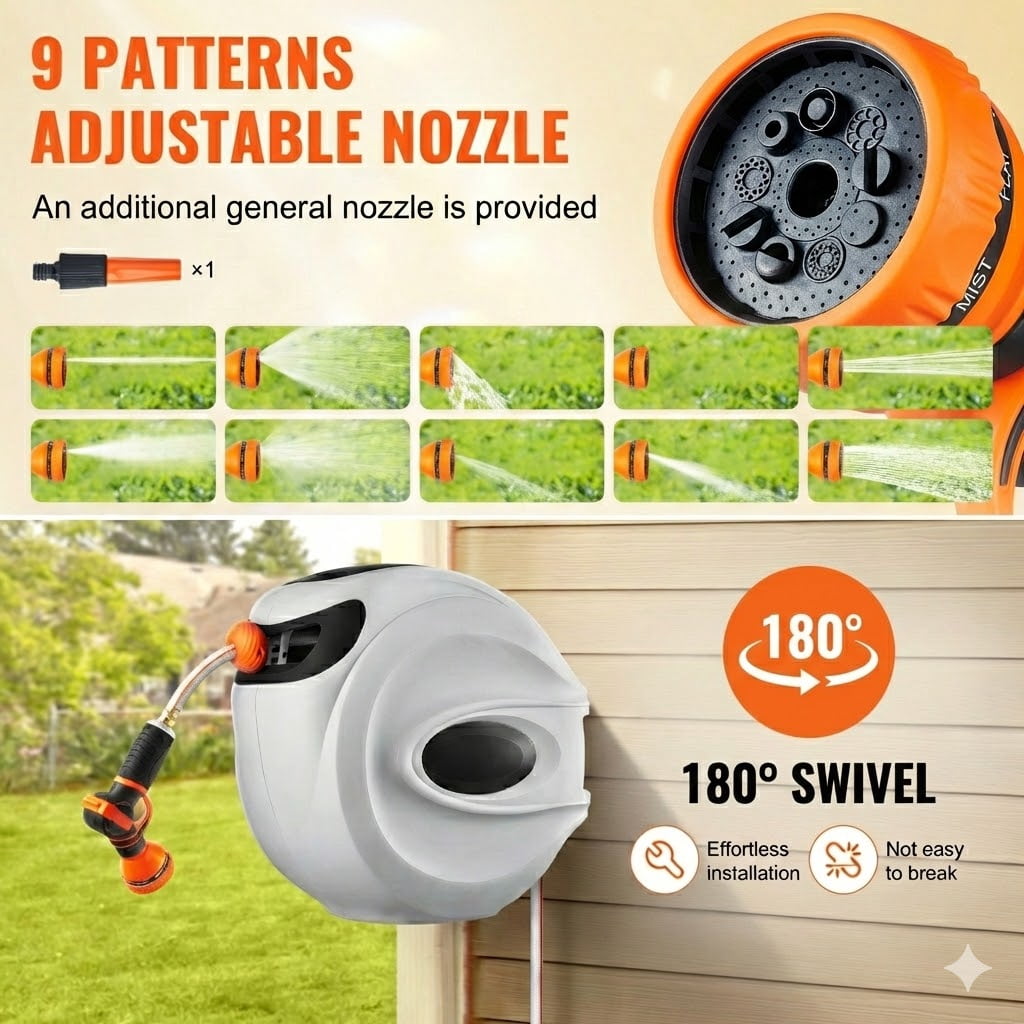Retractable Hose Reel 100 Ft X 0.5 Inch Garden Water Hose With 9-Pattern Nozzle,180° Swivel Bracket