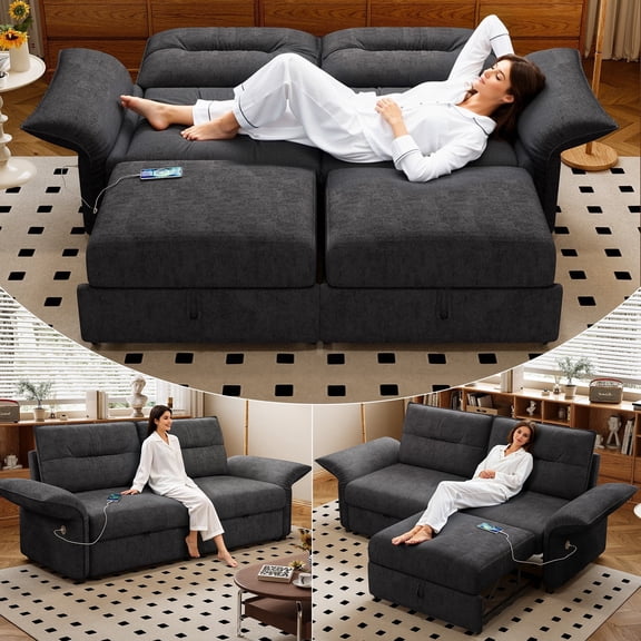 LLappuil Pull Out Sofa Bed Queen Size, Loveseat Sofa Convertible Sleeper Sofa Bed, Velvet Sofa Couch with Adjustbale Armrest, USB Charging Port for Living Room Gray