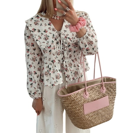 Michellecmm Women s Floral Babydoll Tops Casual Loose Doll Collar Open Front Tie-Up Ruffled Hem Long Sleeve Blouse for Fall