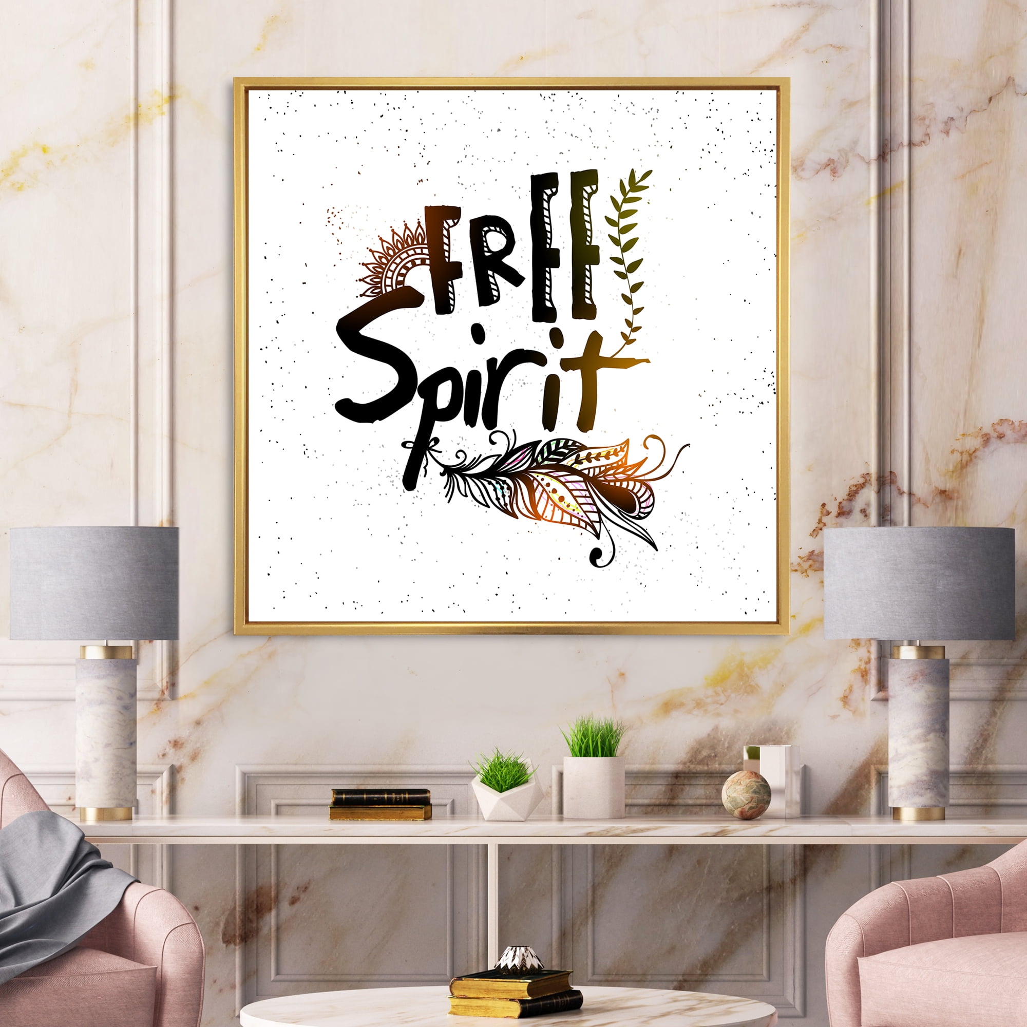Designart 'Free Spirit Ethnic Feather' Bohemian & Eclectic Framed Canvas Wall Art Print