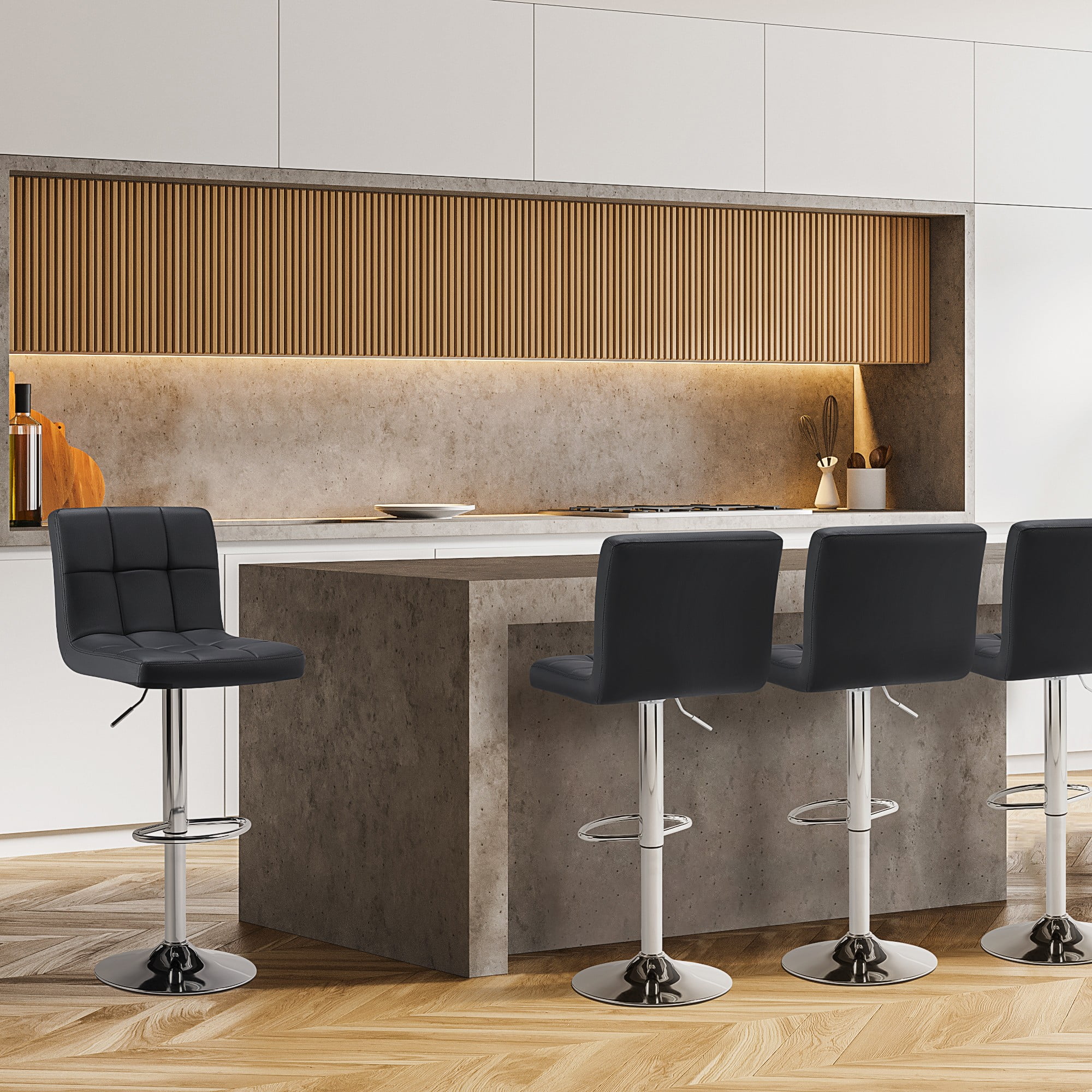 CONCETTA Bar Stools - Set of 2 Adjustable Swivel PU Leather Counter Seats, Black