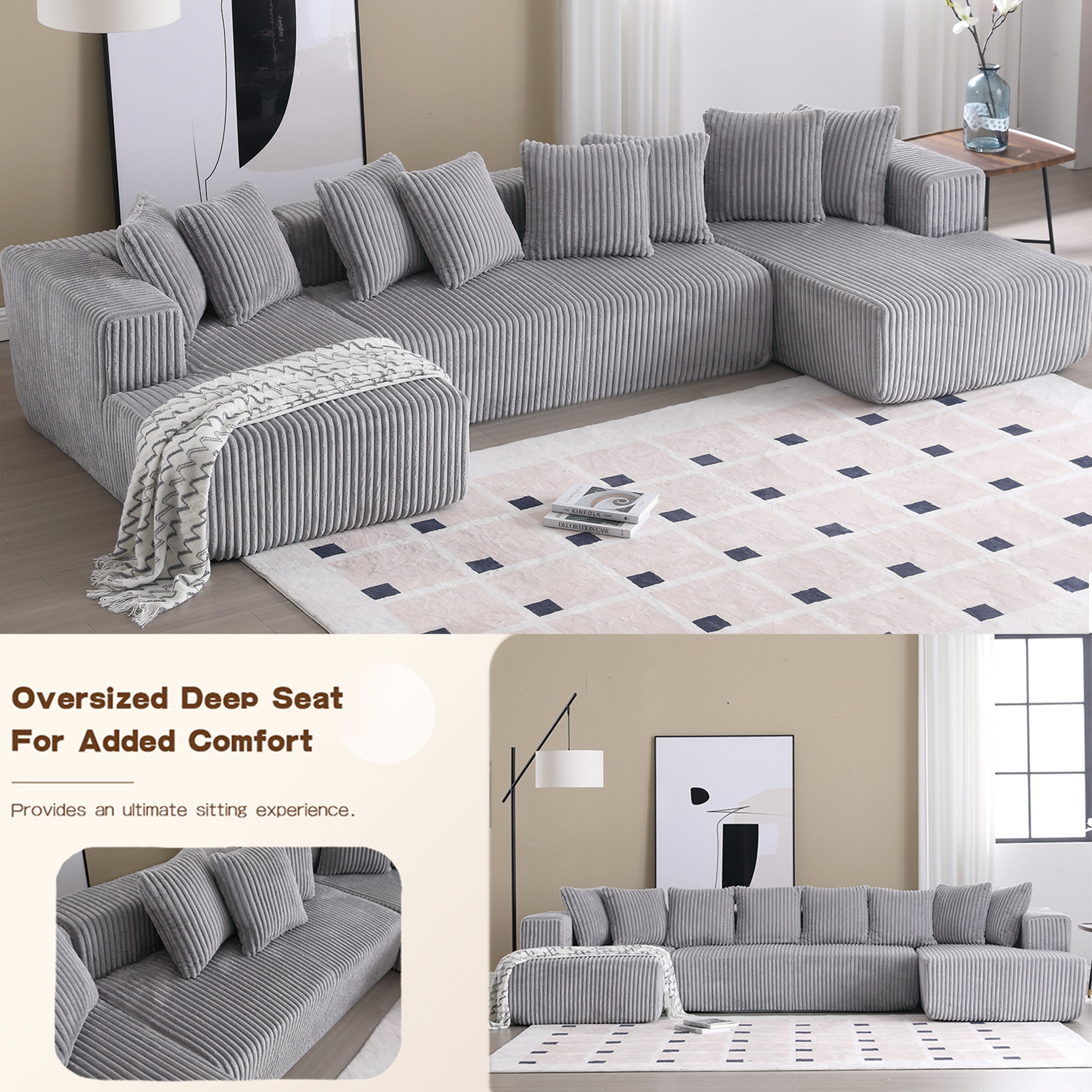 SEENYOO 130" Boneless Couch, Modern Couches for Living Room, U-Shaped 4-Seat Modular Sofa with Chaise, Oversized, No Assembly, Gray
