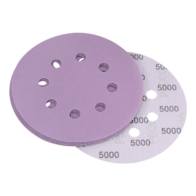 5 Piezas 5 Pulgadas Púrpura Lijado Discos 5000 Granos 8 Agujeros Gancho y Bucle Profesional Aluminio Óxido Arena Papel Húmedo Seco Pulido para Madera Metal Pintura Acabado