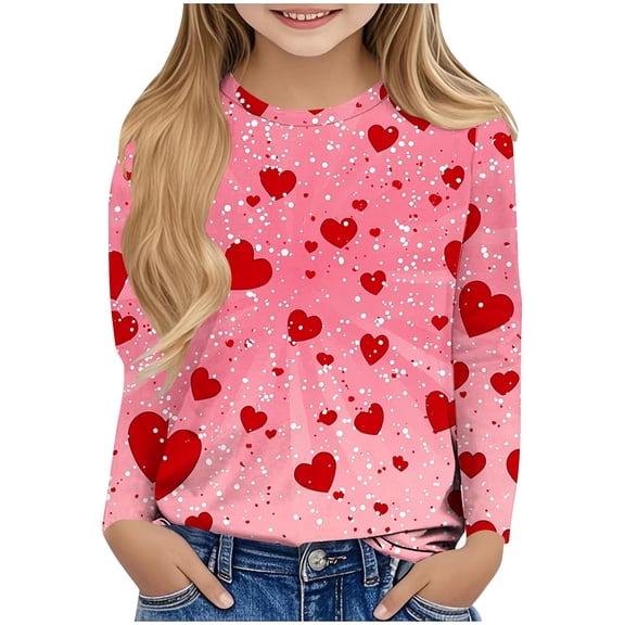 Valentine's Day Girls Shirts Fashion Casual Crewneck Long Sleeve Tops Graphic Tees Cute Heart Printed Pullover Blouses Size 3-14