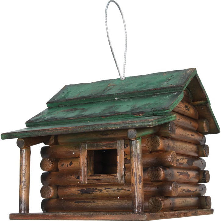 Log Cabin Style house Bird wood wooden shingled roof Birdhouse-yard-Tree natural 