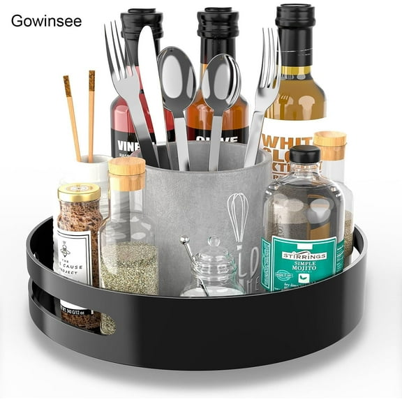 Gowinsee 360° Rotating Spice Rack, Metal Turntable Organiser for Cupboard Rotating Organiser System Bathroom Rotating Tray 30cm Stainless Steel Black