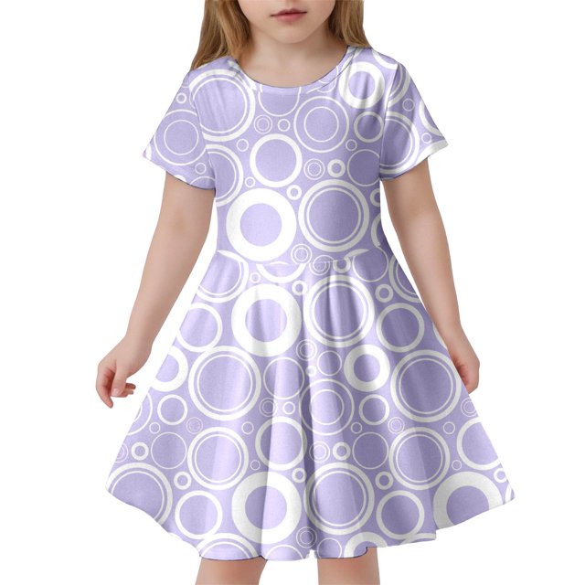 Robes Décontractées pour Filles, Été, Imprimé à Pois, Col Rond, Manches Courtes, Ligne A, Mode, Vêtements de Sport, Violet, 6-7 Ans
