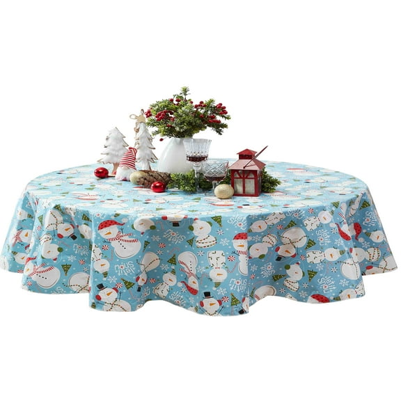 Let It Snow Blue Snowman Christmas Print 60 x 84 inch Oval Vinyl Flannel Back Dining Tablecloth