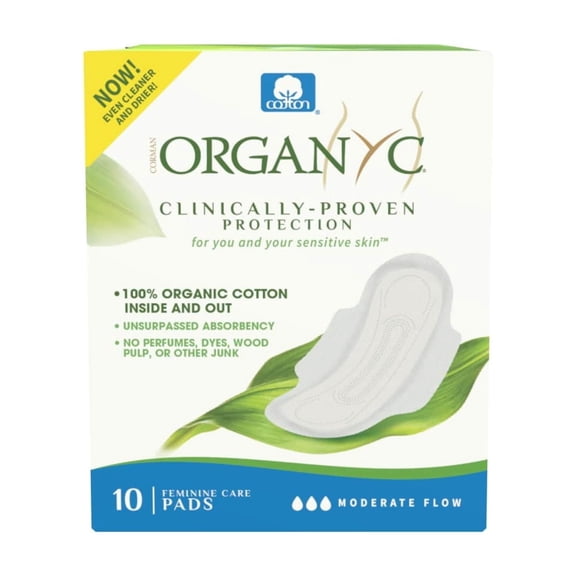 Organyc 100% Certified Organic Cotton Feminine Pads, Moderate Flow, 10 Count