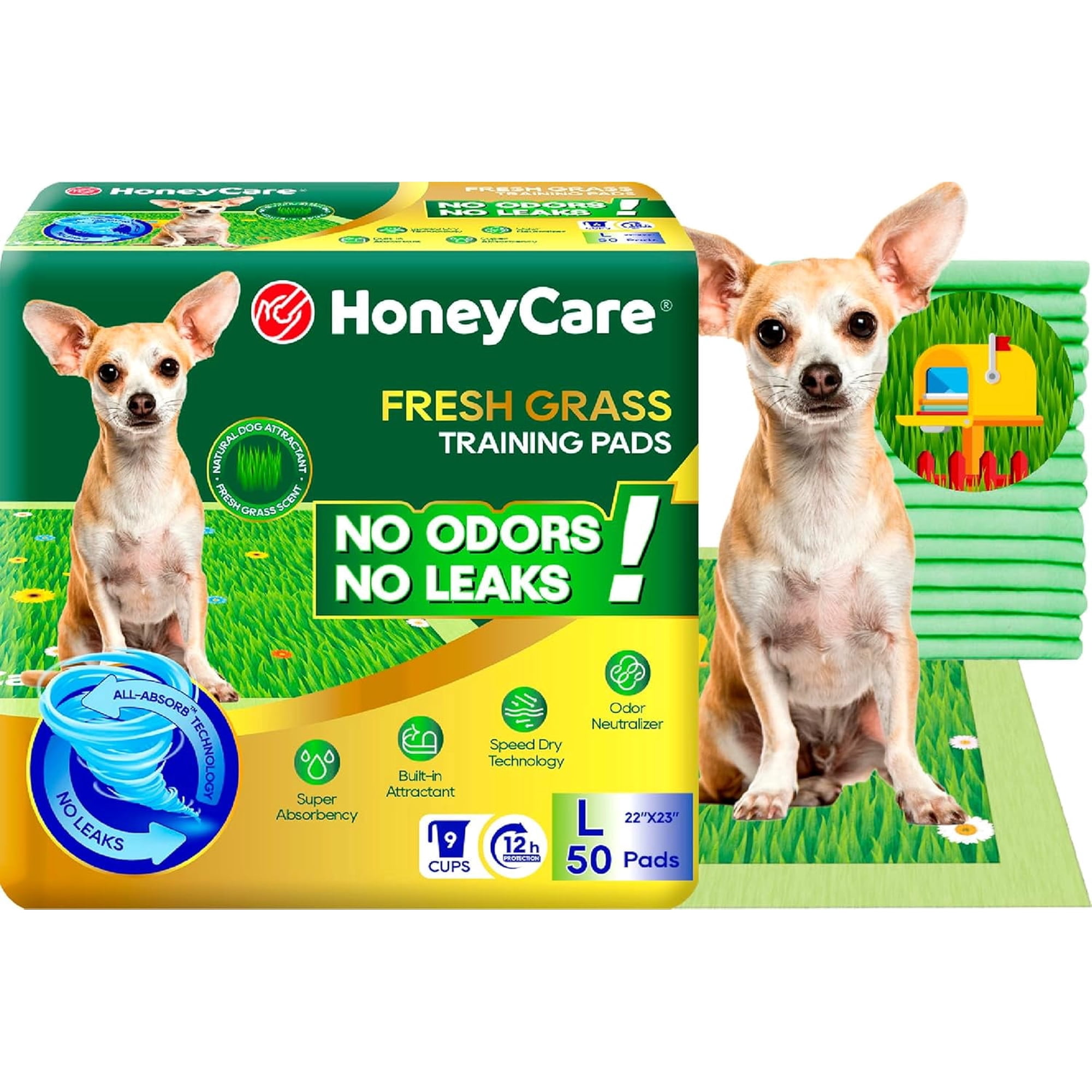 HoneyCare Fresh Grass Print and Scent, All Absorb Training Pads, Large, 22x23, 50 CT